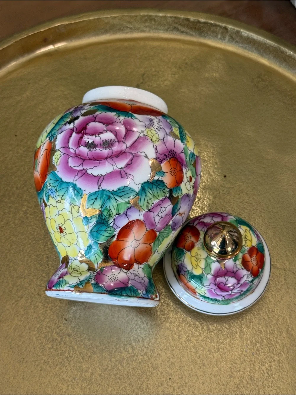 Floral Porcelain Ginger Jar with Gold Accent - Multi-Color